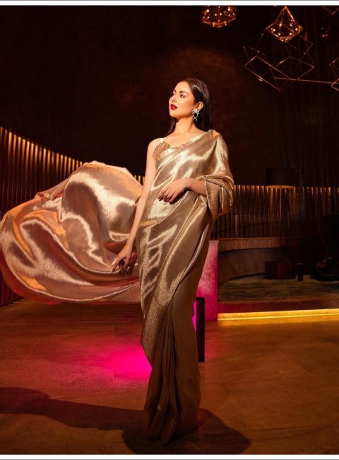 Gorgeous Hania Amir stuns everyone with her gold shimmery saree. Hania paired her saree with a backless metallic blouse. The Humsafar star rocked the show with her innate grace and divine looks.